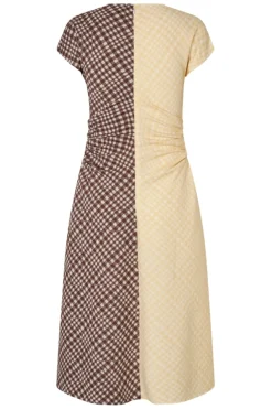 Clearance Stine Goya 2118 Checkered Jersey, Ruched Waist Midi Dresssg-aw25-d156-2118 Brown And Yellow Checks