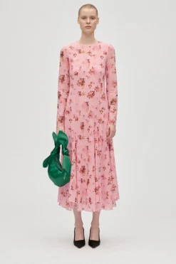 Sale Stine Goya 2408 Sheer Ruffling Jersey, Long Sleeve Ruffling Midi Dresssg-aw25-d161-2408 Pink Magnolias