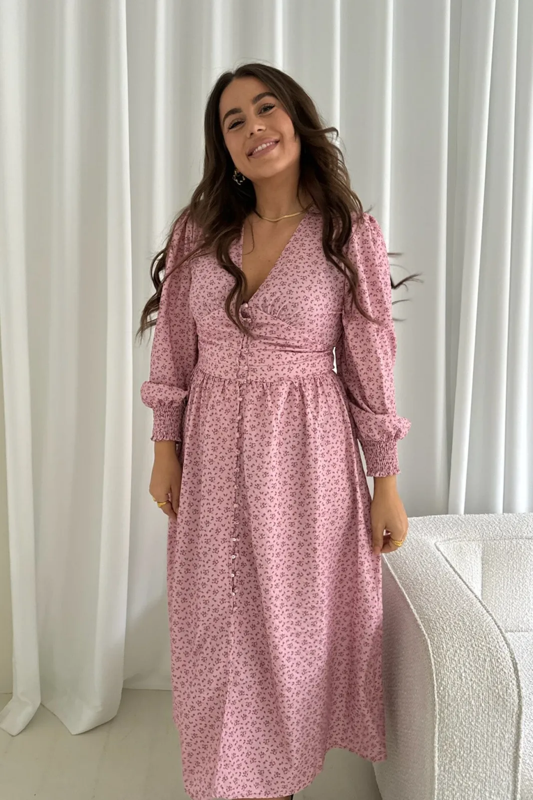 Outlet BYIC Adelic Long Dress pfsp Pink Flower Stem Print