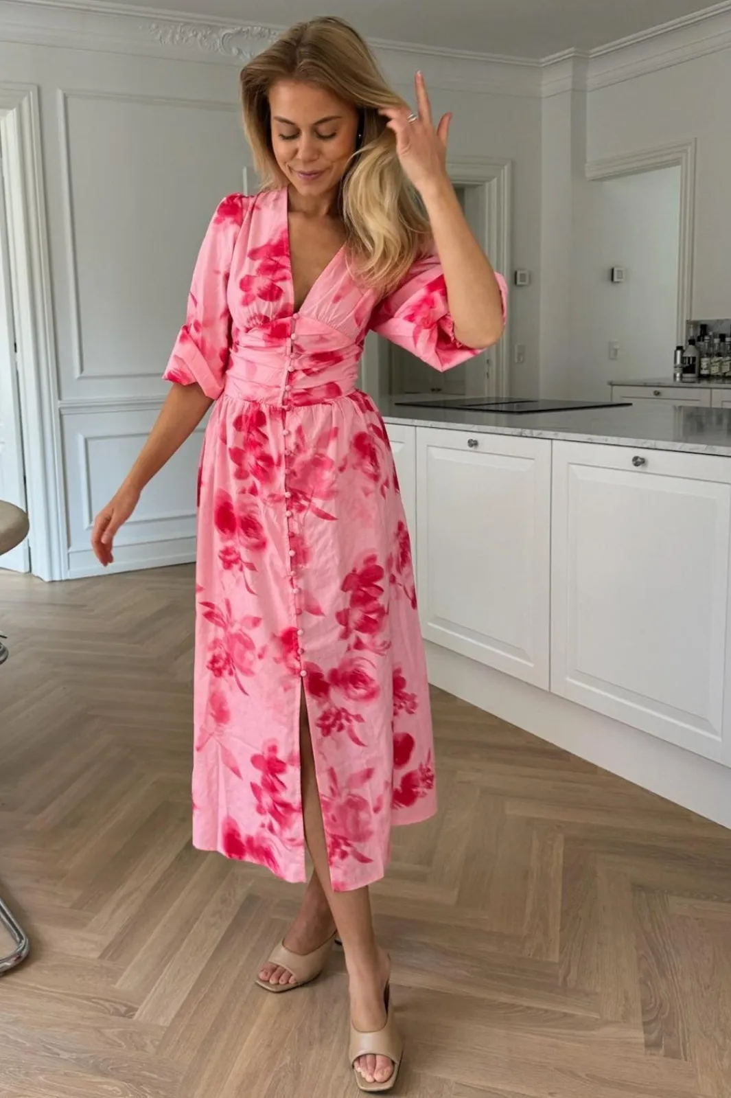 BYIC Adelic Long Dress apfp Abstract Pink Flower Print