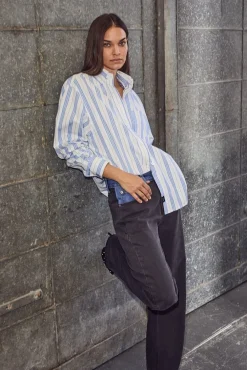 Outlet Haute L'Amitié Button Down Stripe Shirt HL10257 White Blue Stripe