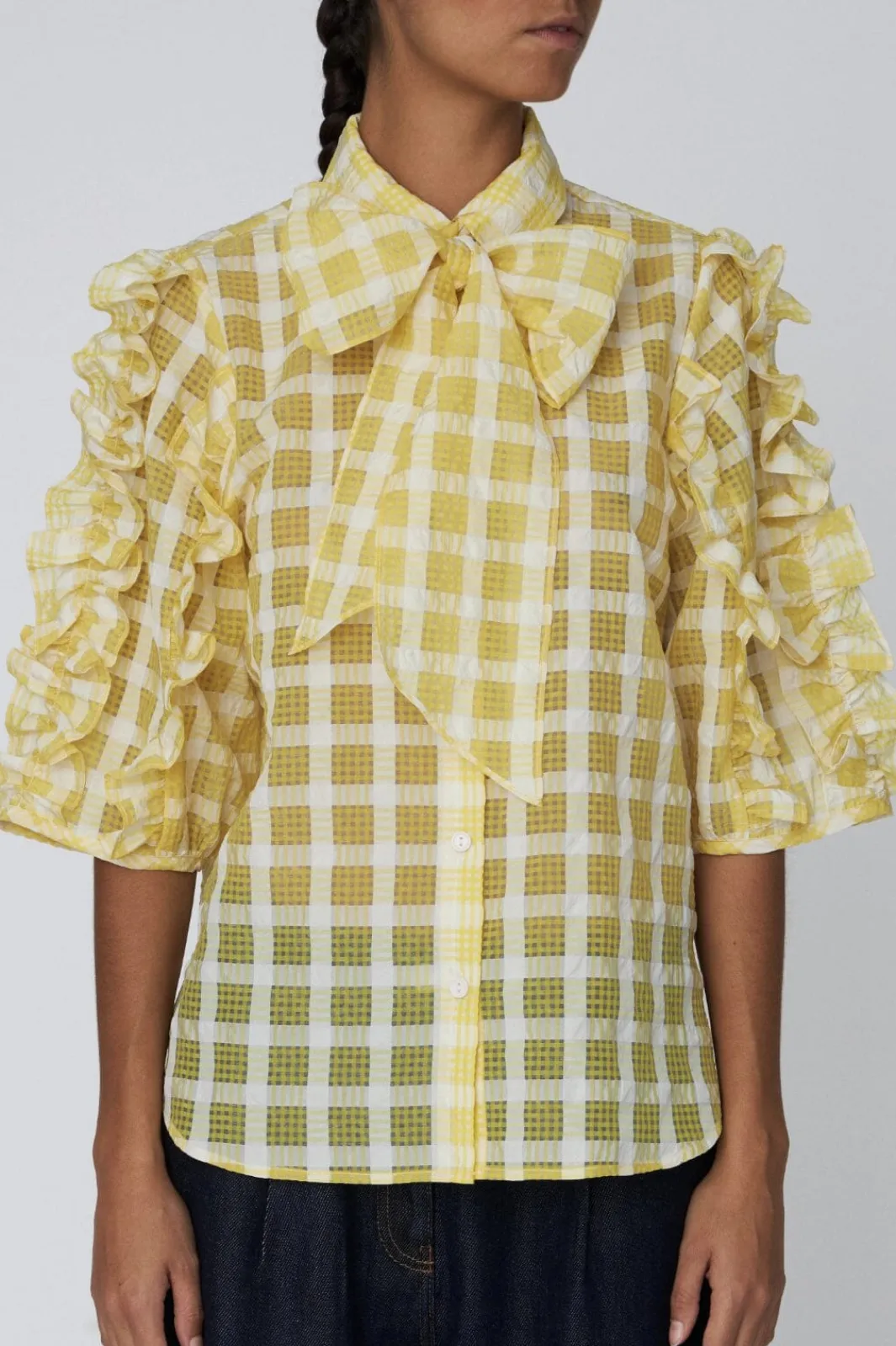 Stella Nova Delicate Checked Frill Shirtde52-1170 146 Lovely Yellow
