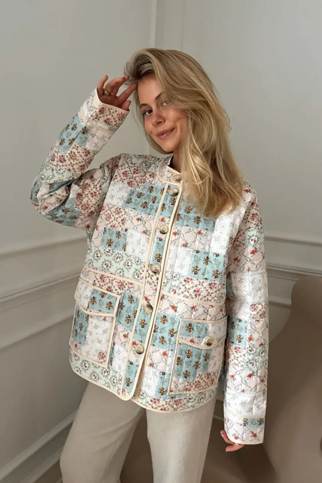 New BYIC Emmyic Quilted Jacket A23107 Blue Multicolor Flower Print