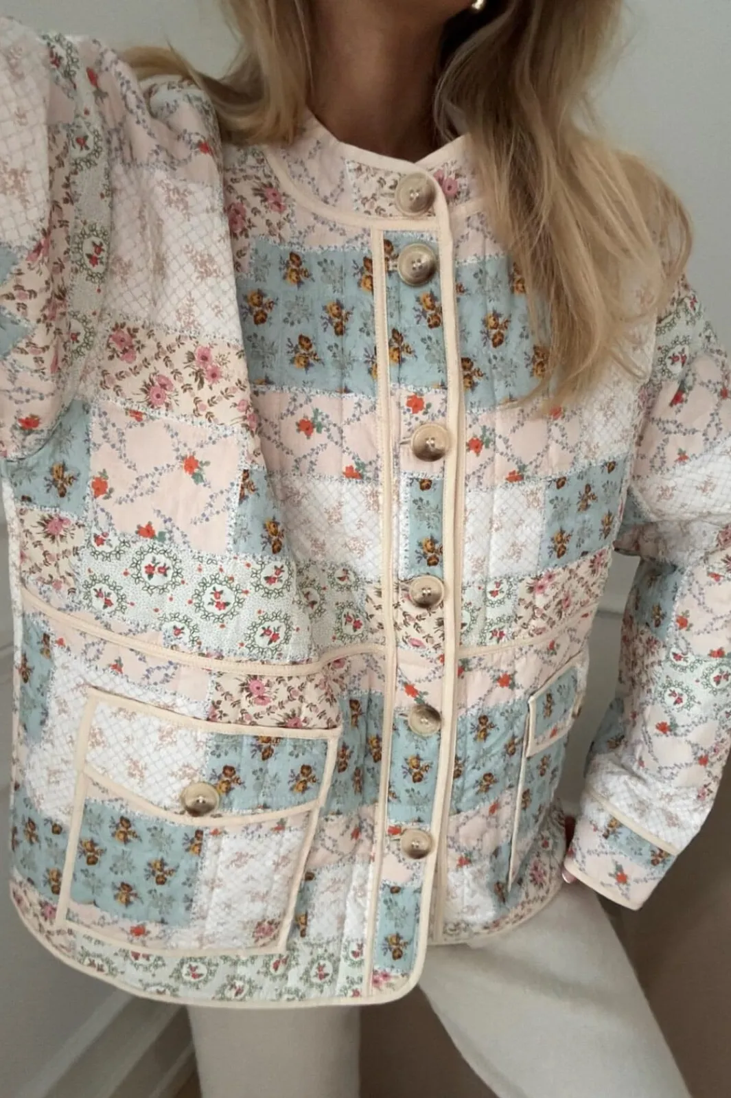New BYIC Emmyic Quilted Jacket A23107 Blue Multicolor Flower Print