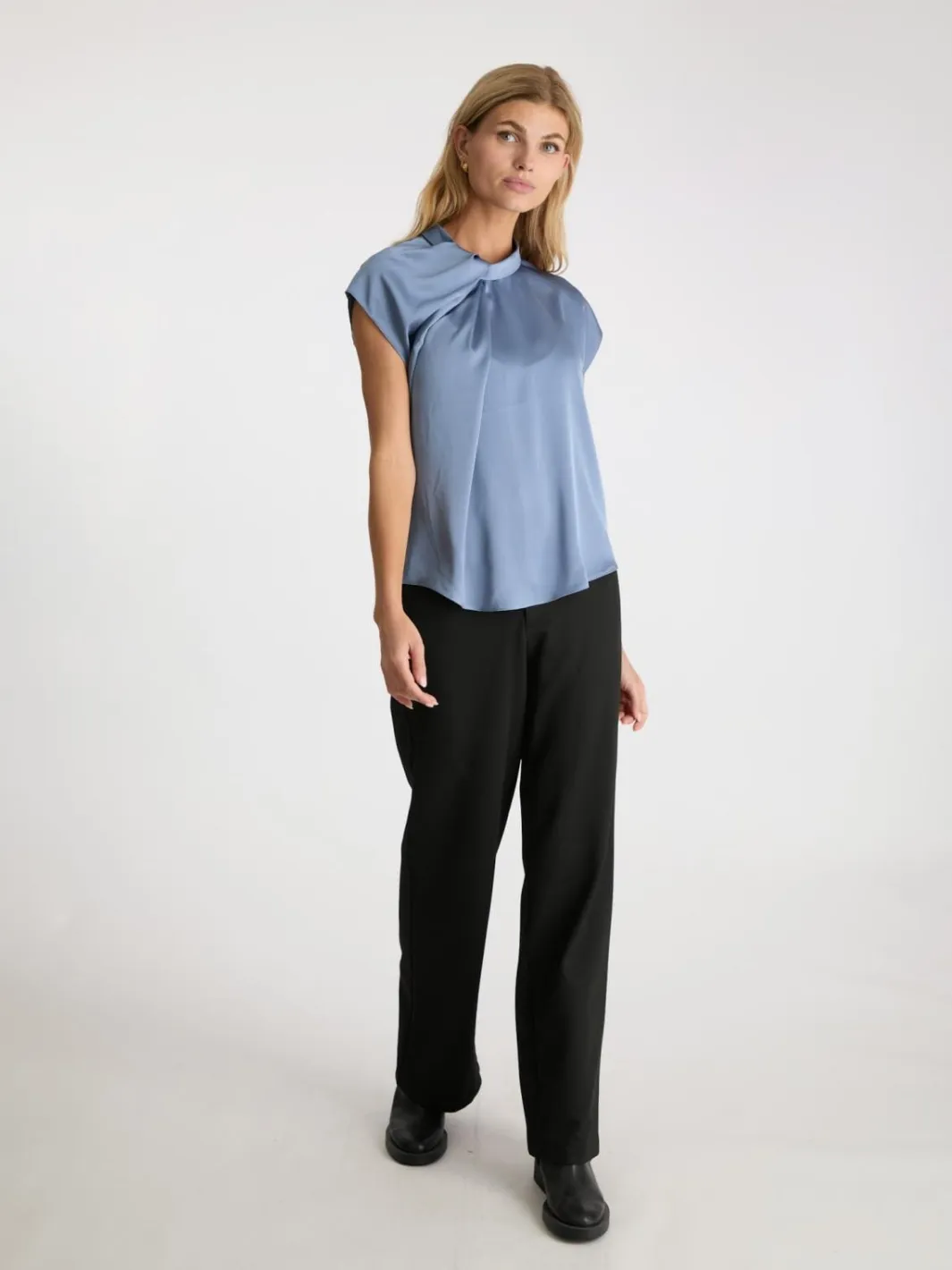 Sale Neo Noir Fleur Drapy Satin Blouse Dusty Blue