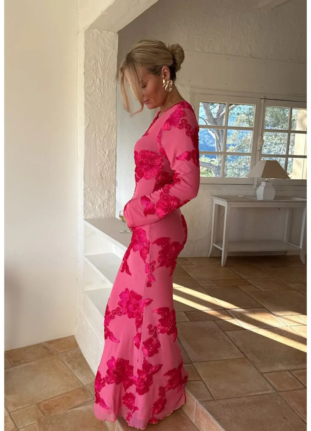 Discount BYIC Floraic Mesh Dress A23862 Fuchsia Pink Flower