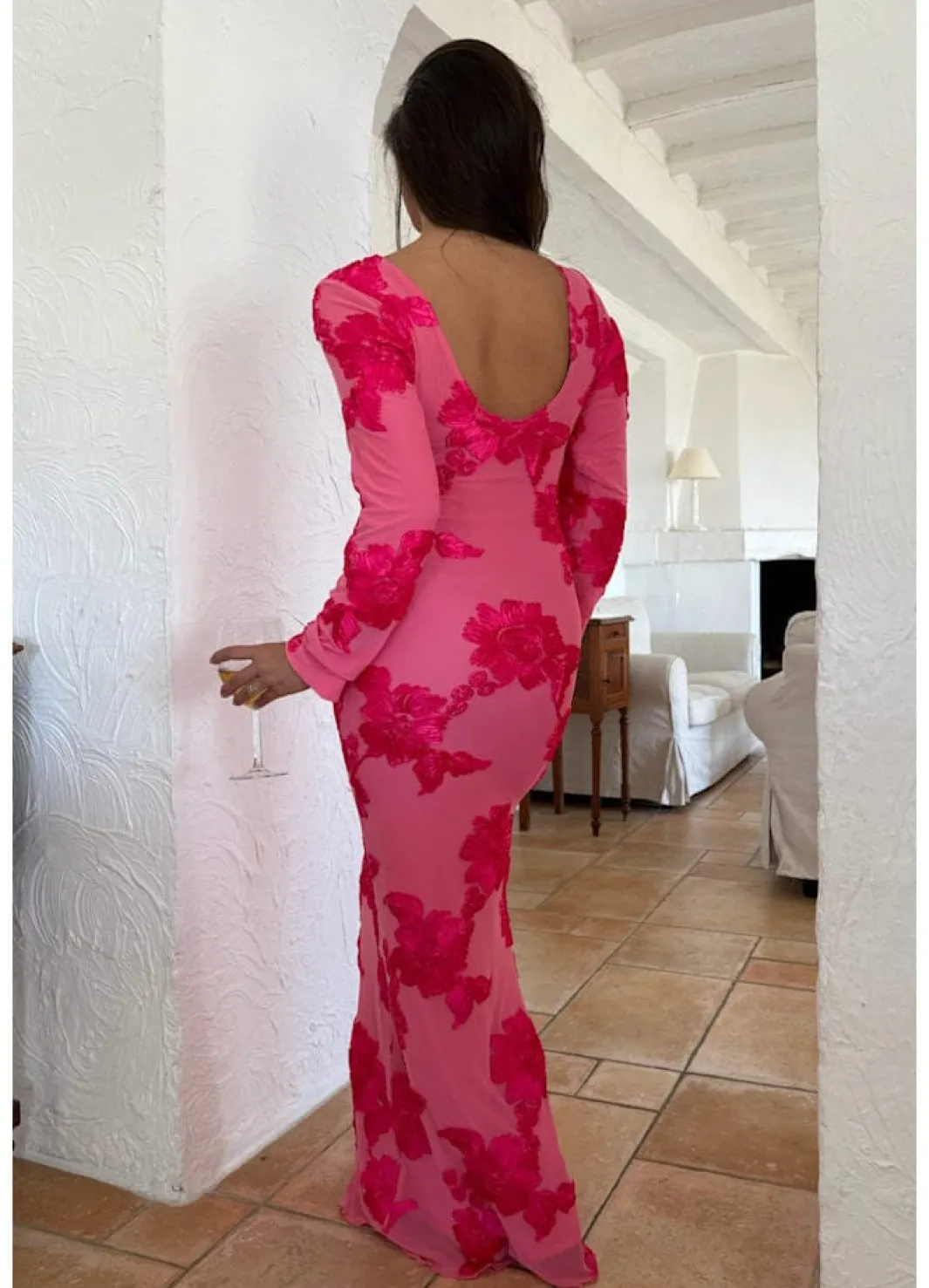 Discount BYIC Floraic Mesh Dress A23862 Fuchsia Pink Flower
