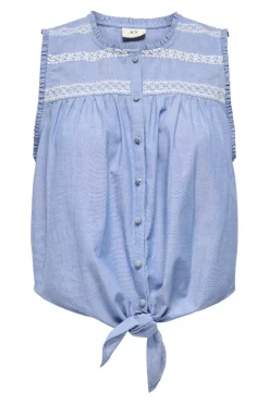 Best JDY bella S/L Emb Knot Shirt 4951536 Faded Denim Cloud Dancer Embroidery