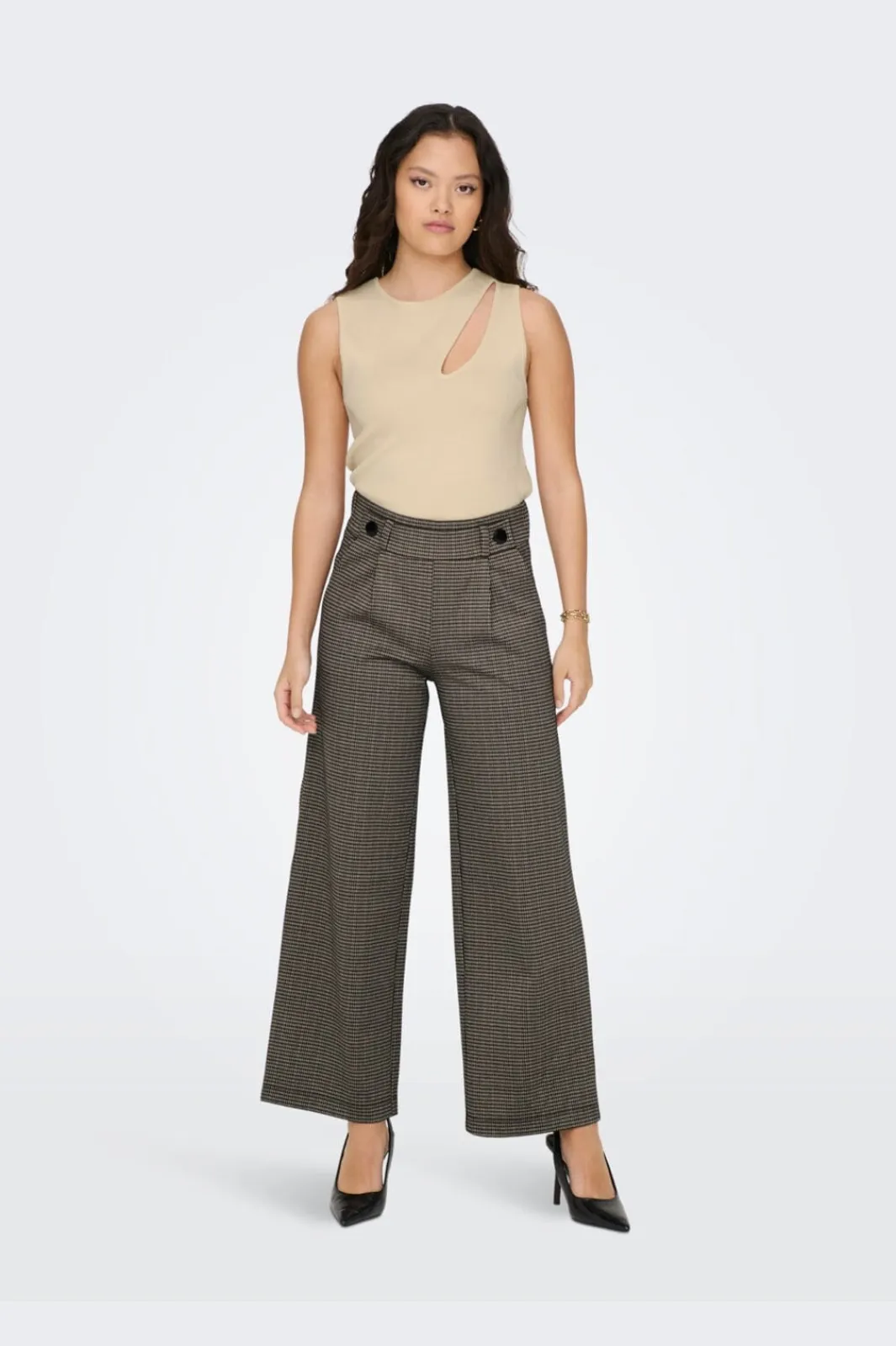 New JDY geggo Mia Long Check Pant 3750952 Cobblestone Mini Check