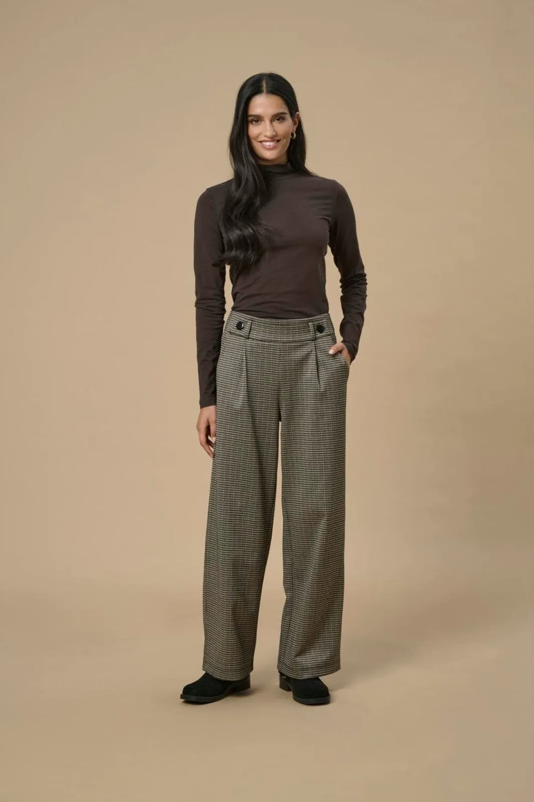 New JDY geggo Mia Long Check Pant 3750952 Cobblestone Mini Check
