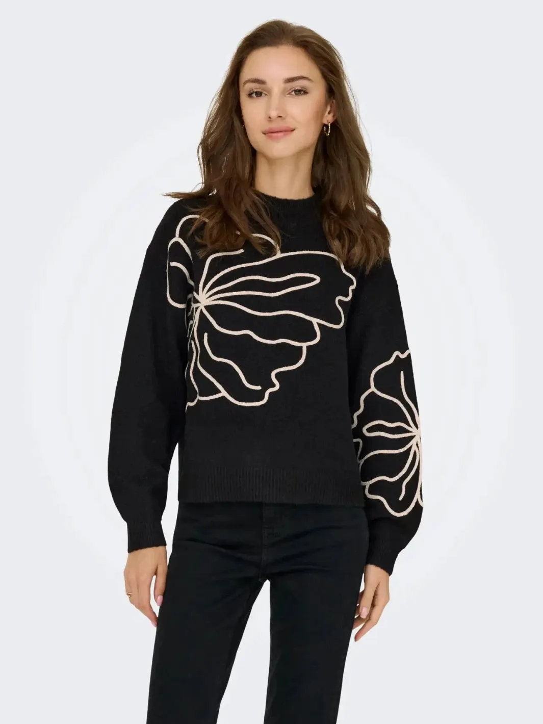 JDY jella L/S Flower Pullover Knt 4907427 Black W. Cement