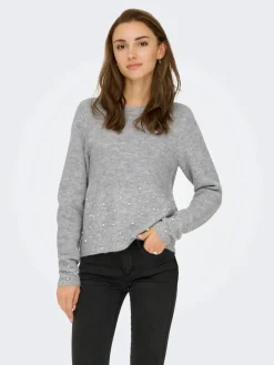 Outlet JDY pearl L/S O-Neck Pearl Pullover Knt 4815065 Light Grey Melange White Pearls