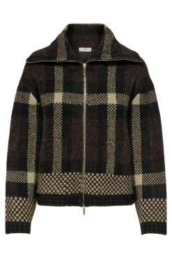 Clearance JDY phoenix L/S 2 Way Zip Jacq Cardi Knt 4876150 Chocolate Torte W. Black/Birch Jacquard
