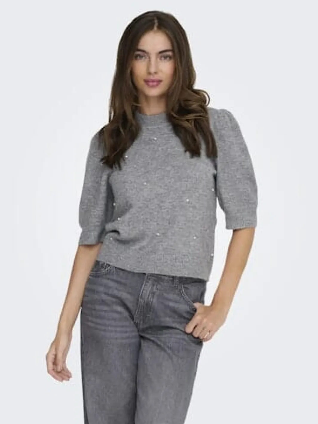 Sale JDY rue Life 2/4 Pearl Pullover Knt 4926205 Medium Grey Melange W. White Pearls