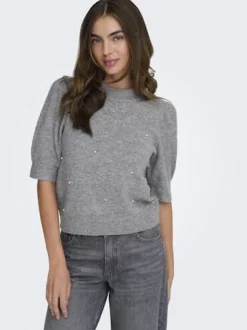 Sale JDY rue Life 2/4 Pearl Pullover Knt 4926205 Medium Grey Melange W. White Pearls