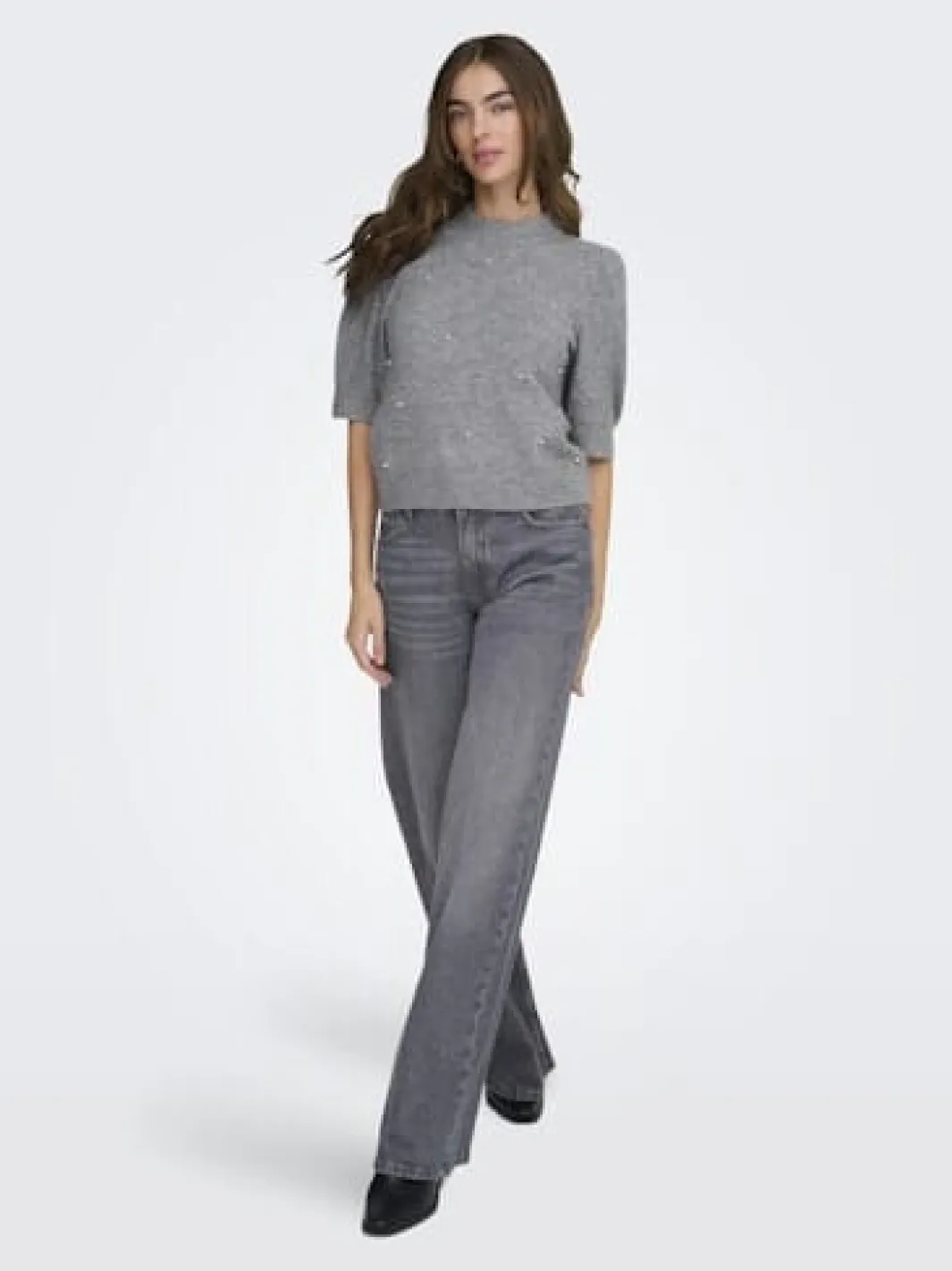 Sale JDY rue Life 2/4 Pearl Pullover Knt 4926205 Medium Grey Melange W. White Pearls