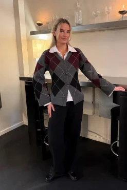 Discount BYIC Karmaic Fitted Cardigan H081 Grey Argyle