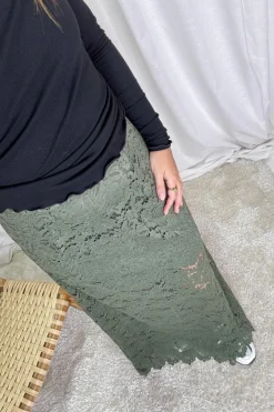Online A-bee Long Flower Lace Skirt _-W_ Khaki