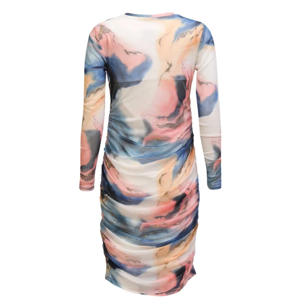 New Liberte Mesh Ls Long Dress 22219 Blue Peach Gold Marble