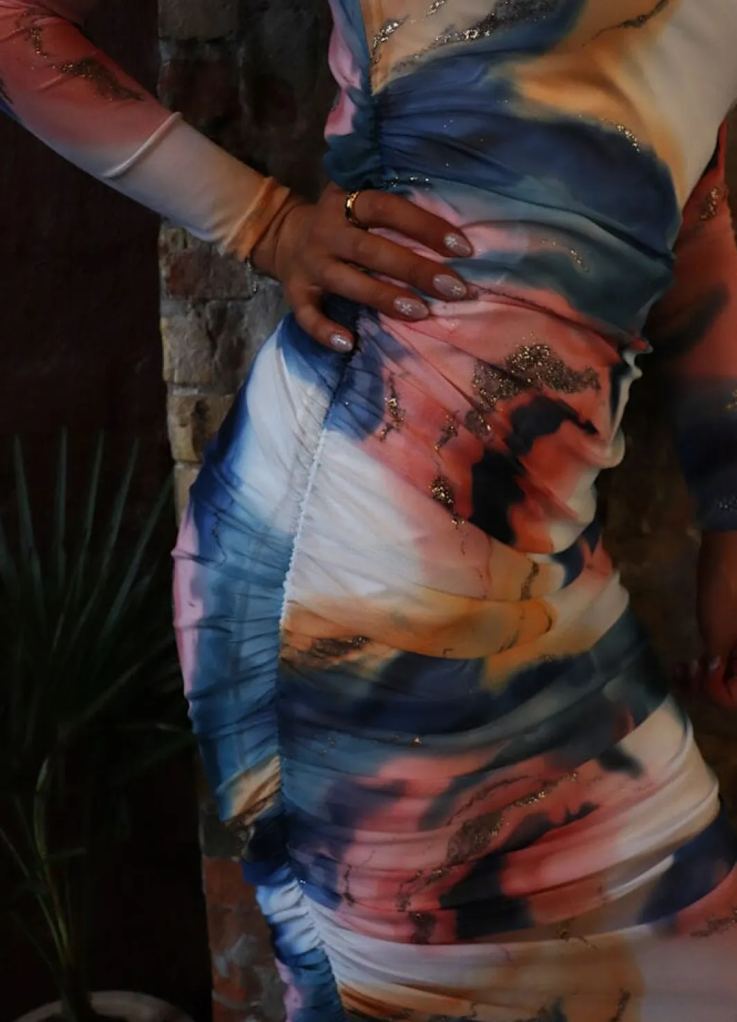 New Liberte Mesh Ls Long Dress 22219 Blue Peach Gold Marble