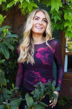 Clearance Liberte Mesh-Ls-Tshirt 22065 Black Bordeaux Flower