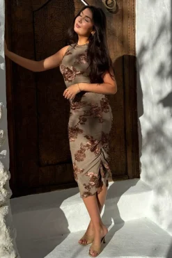 Online BYIC Miraic Mesh Dress A23766 Mocca Flower