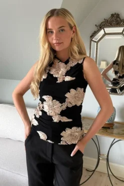 Best BYIC Miraic Mesh Top A23927 Black Beige Flower