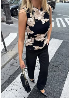 Best BYIC Miraic Mesh Top A23927 Black Beige Flower