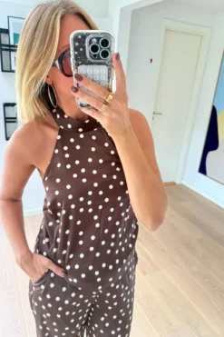 Discount Noisy May Nmbambi Halterneck Satin Top 5054643 Chocolate Brown White Polka