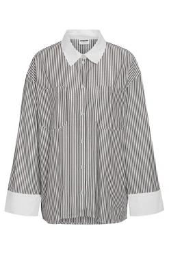 Clearance Noisy May Nmfreja L/S Oversized Plain Shirt 4842058 Cloud Dancer Black Stripes W. Cloud Dancer Contrast