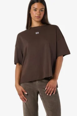 Noisy May Nmkim S/S Slit T-Shrt Fwd 5056308 Chocolate Brown White Emb