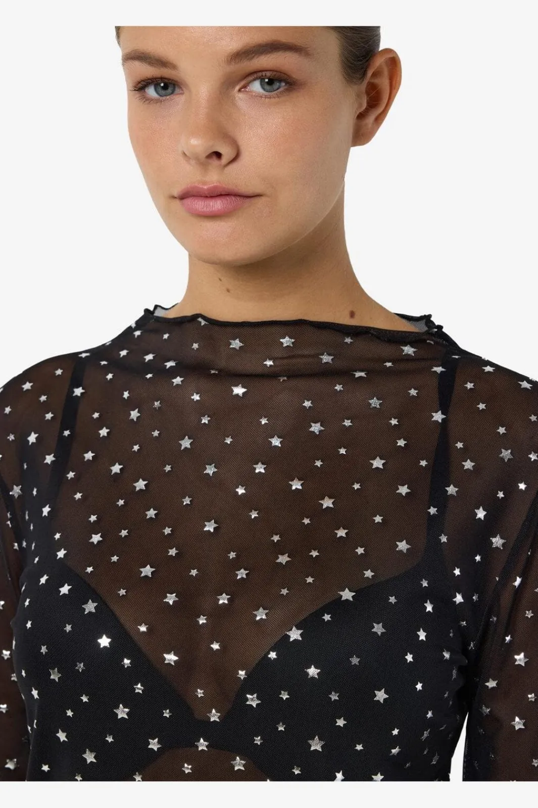 Best Noisy May Nmstar Foil L/S High Neck Mesh Fwd 4651141 Black Silver Glitter Stars