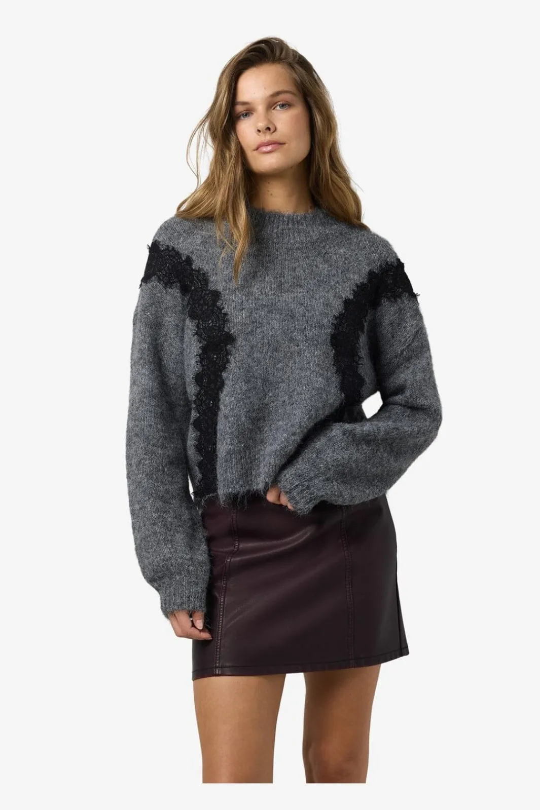Online Noisy May Nmsutton L/S O-Neck Lace Knit Fwd 4986587 Dark Grey Melange Lace