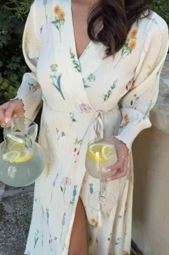 Clearance BYIC Ofeliaic Long Wrap Dress owfp Off White Flower Print