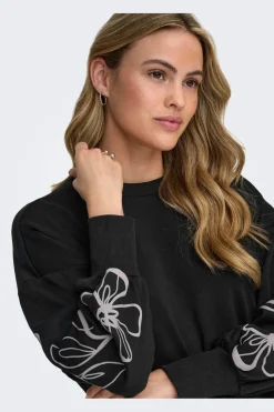 Clearance Only Onlbrooke L/S O-Neck Flower Swt 4989287 Black Magnolia Flower Sleeve Puff