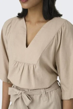 Best Only Onlcaro 2/4 V-Neck Linen Bl Top Cc 4726721 Oxford Tan