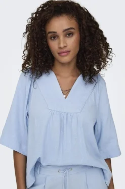 Hot Only Onlcaro 2/4 V-Neck Linen Bl Top Cc 4726719 Cashmere Blue