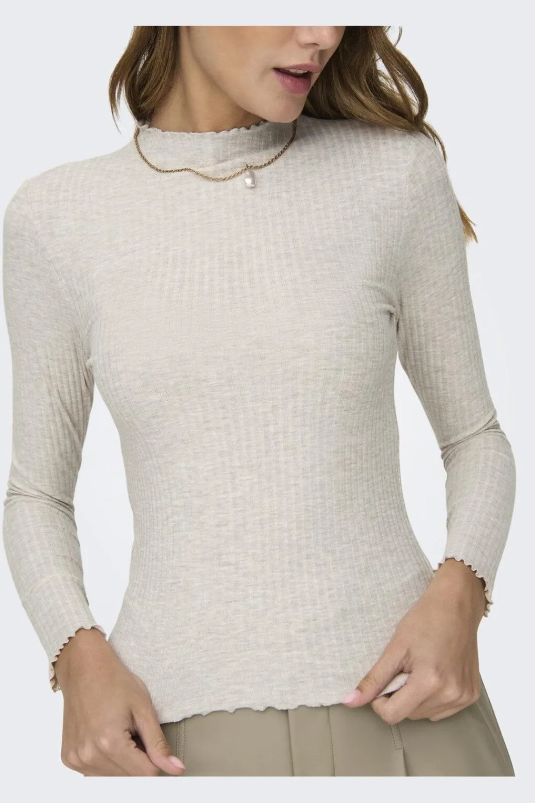 Clearance Only Onlemma L/S High Neck Top 3996013 Pumice Stone Melange