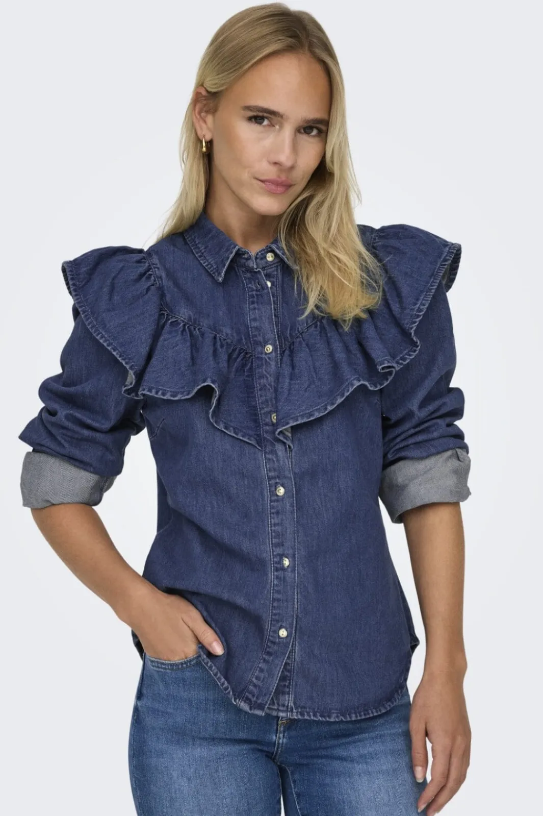 Outlet Only Onlindigo Ls Frill Shirt Qyt 4287142 Dark Blue Denim
