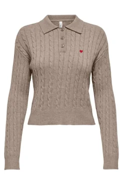 Clearance Only Onlkatia Ls Cable Polo Cc Knt 4959338 Mocha Meringue Mel/True Red Heart Emb/Dtm Button