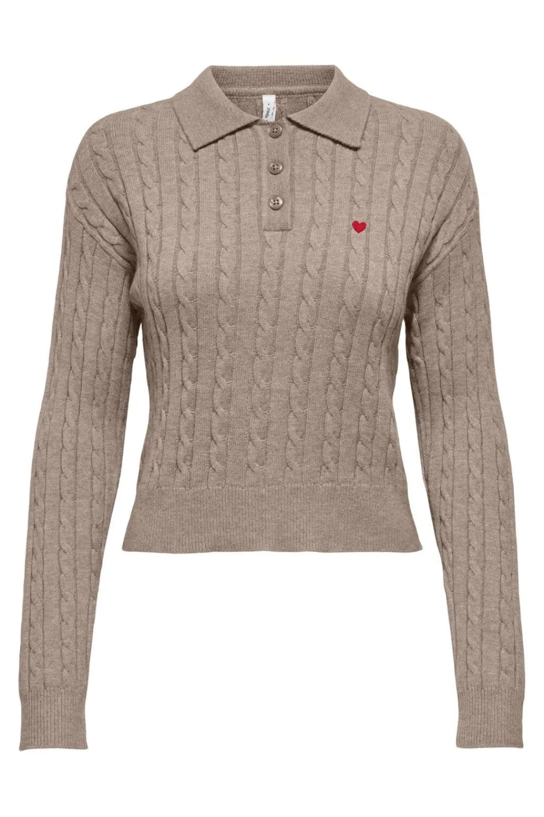 Clearance Only Onlkatia Ls Cable Polo Cc Knt 4959338 Mocha Meringue Mel/True Red Heart Emb/Dtm Button