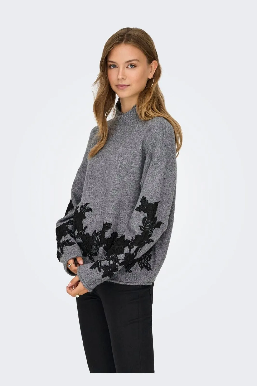 Sale Only Onllisa Ls Highneck Detail Knt 4948887 Medium Grey Melange Black Embroidery