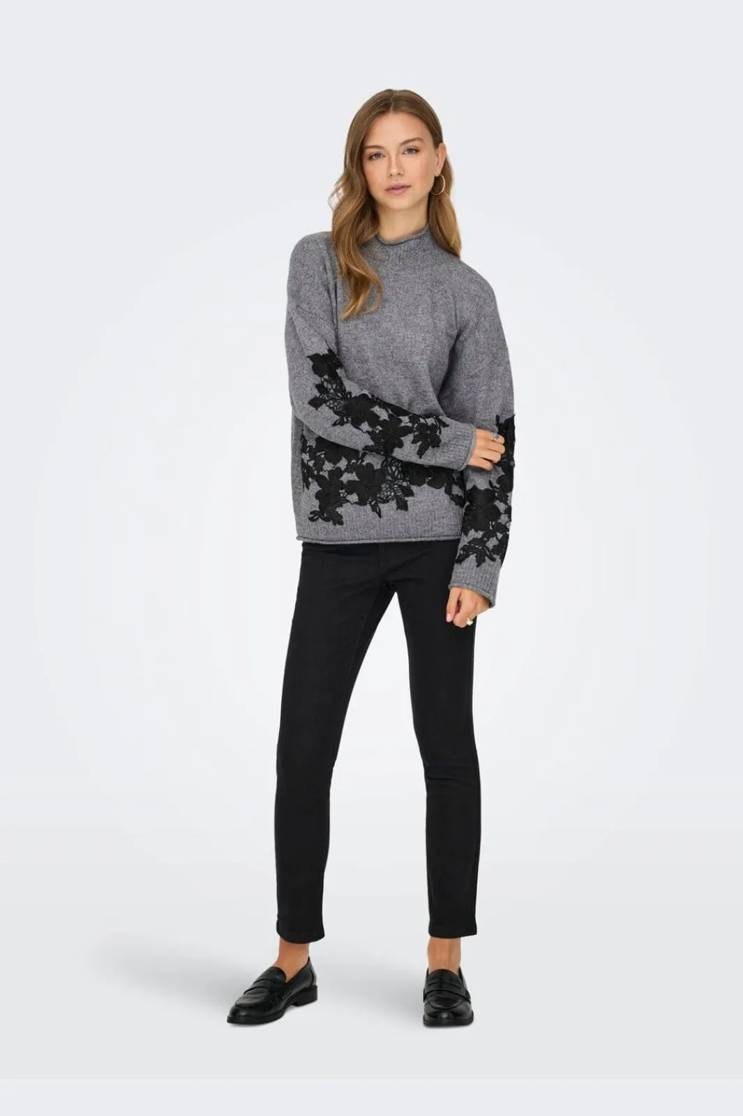 Sale Only Onllisa Ls Highneck Detail Knt 4948887 Medium Grey Melange Black Embroidery