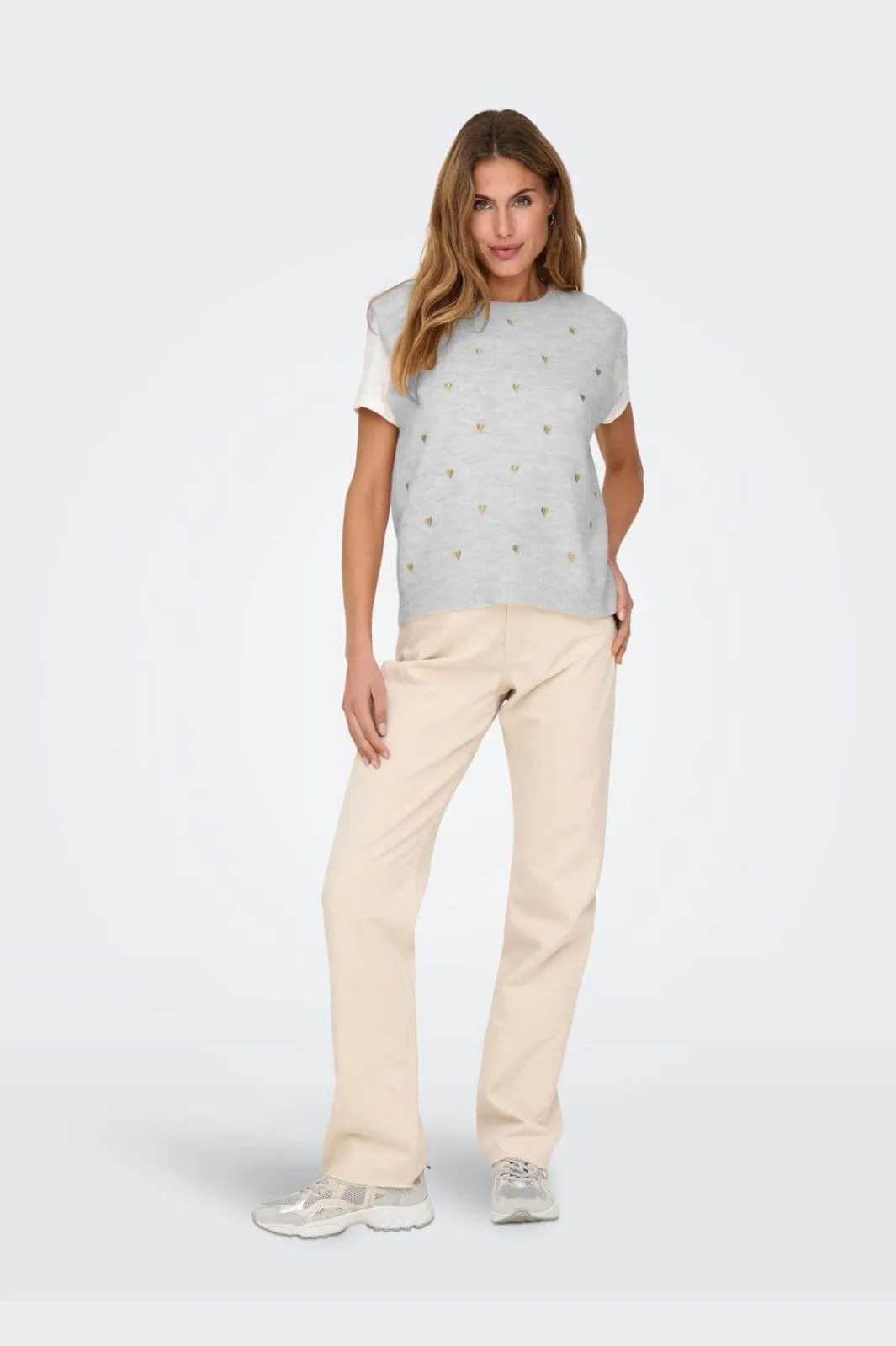 Online Only Onlmelody Sl Embroidery O-Neck Knt 4919768 Light Grey Melange Light Gold Hearts
