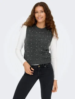 Hot Only Onlrenata Sl O-Neck Pearl Vest Knt 4805610 Dark Grey Melange White Pearls
