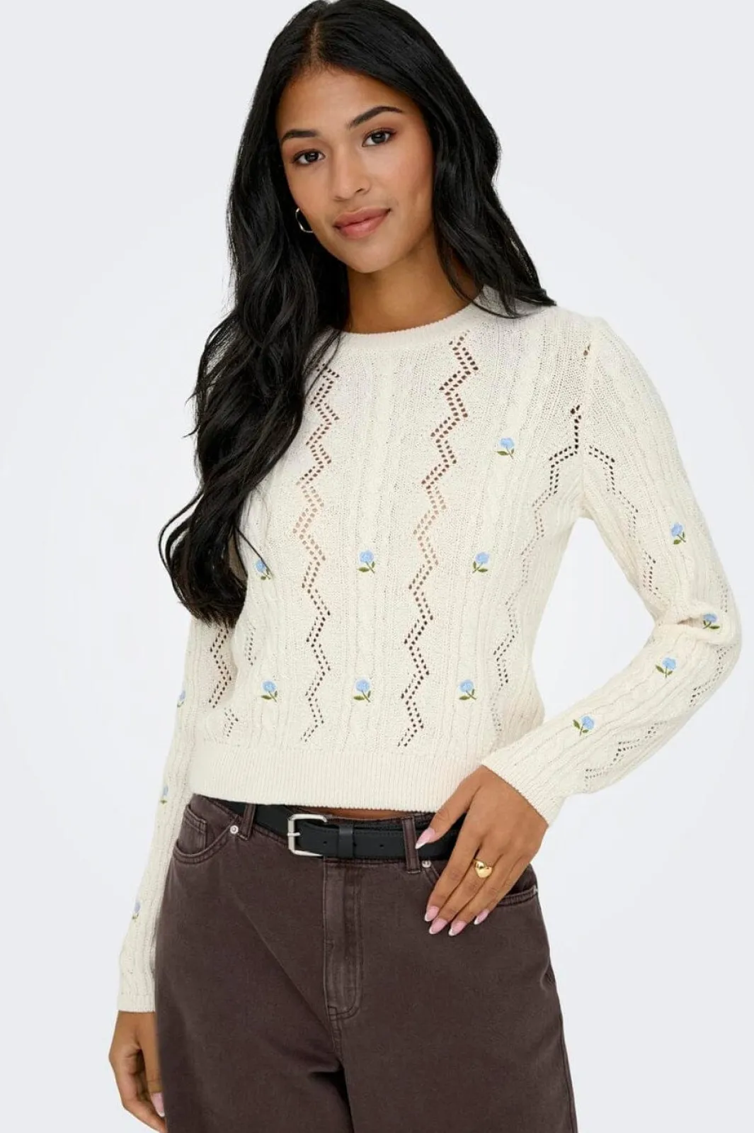 Only Onlrita Life Ls Embr Cable Knt 4862606 Ecru Cashmere Blue Flower