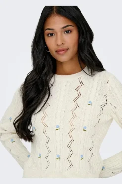 Only Onlrita Life Ls Embr Cable Knt 4862606 Ecru Cashmere Blue Flower