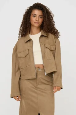 Only Onlstina Life Faux Suede Jacket Cc 4786471 Cocoa Créme W Contrast Stitch