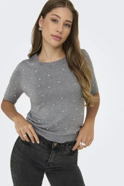 Discount Only Onlvenice Life Ss Pearl O-Neck Knt 4805410 Light Grey Melange White Pearls