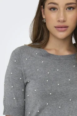 Discount Only Onlvenice Life Ss Pearl O-Neck Knt 4805410 Light Grey Melange White Pearls